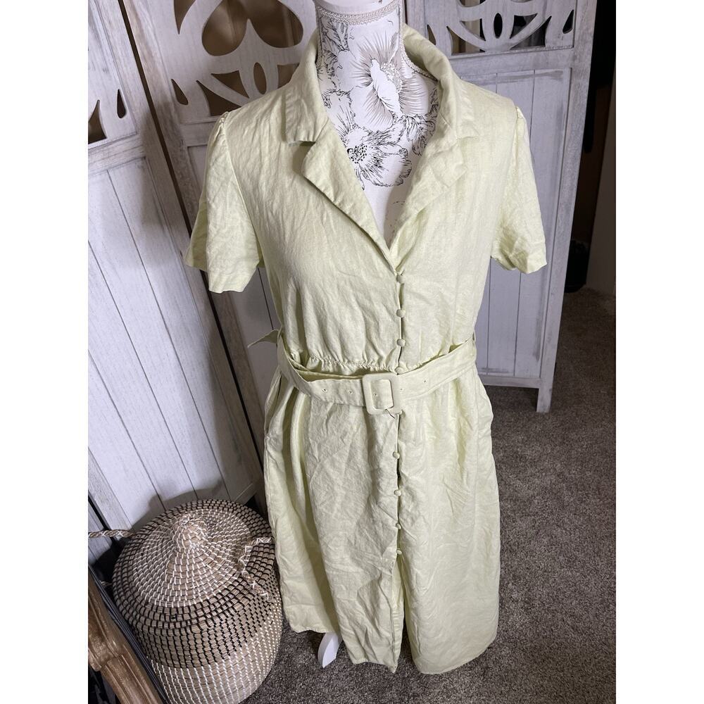 New! We Wore What Women’s Size Large Green Yellow Linen Dress Belted Prairie